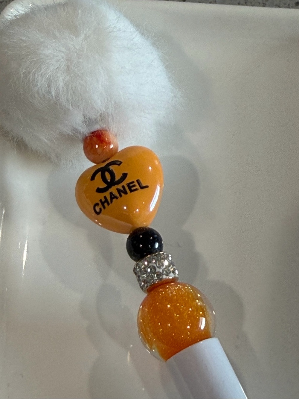 LUXURY INSPIRED White Pen with Orange Heart Charm and Gold Sparkle Bead